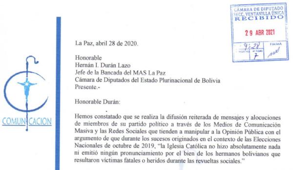 Iglesia envía carta al MAS para  recordarle su rol en sucesos de 2019