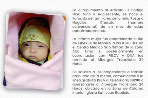 Bebé rescatada es internada  por problemas en su salud