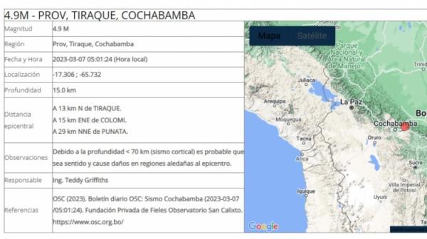 Hubo temblor en la localidad de Tiraque