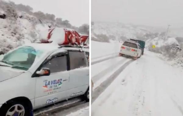 Inusual nevada sorprende en  la carretera Tarija-Bermejo