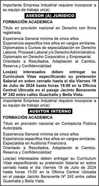 Importante Empresa Industrial requiere incorporar a su equipo de trabajo un(a):