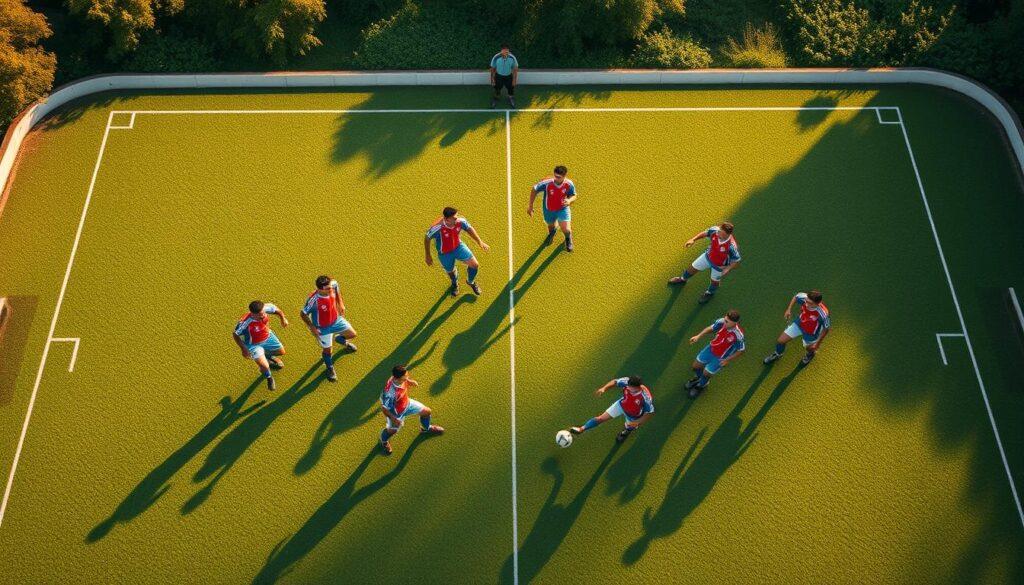 A dynamic, top-down view of a Bolivian U17 football team executing a well-rehearsed tactical formation on a meticulously detailed pitch. The players move with precision, their jerseys in the national colors, their expressions focused. Soft, natural lighting illuminates the scene, casting long shadows that accentuate the players' movements. The background blurs into the stadium's lush, verdant surroundings, creating a sense of depth and immersion. This image captures the heart and potential of Bolivia's emerging football talent, poised to shape the future of the nation's beautiful game.