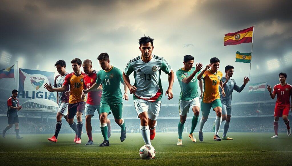 A group of Bolivian football players in diverse international settings, their careers spanning continents. In the foreground, a player in an overseas team jersey, mid-stride, ball at their feet, showcasing skill and determination. Behind them, a collage of vignettes - players shaking hands with new coaches, signing contracts, or celebrating goals in stadiums around the world, the flags of their adoptive clubs visible. The background features hazy cityscapes, stadiums, and training grounds, hinting at the global reach of these Bolivian stars. Dramatic lighting and a cinematic, emotive tone capture the spirit of their journeys abroad. A group of Bolivian football players in diverse international settings, their careers spanning continents. In the foreground, a player in an overseas team jersey, mid-stride, ball at their feet, showcasing skill and determination. Behind them, a collage of vignettes - players shaking hands with new coaches, signing contracts, or celebrating goals in stadiums around the world, the flags of their adoptive clubs visible. The background features hazy cityscapes, stadiums, and training grounds, hinting at the global reach of these Bolivian stars. Dramatic lighting and a cinematic, emotive tone capture the spirit of their journeys abroad.