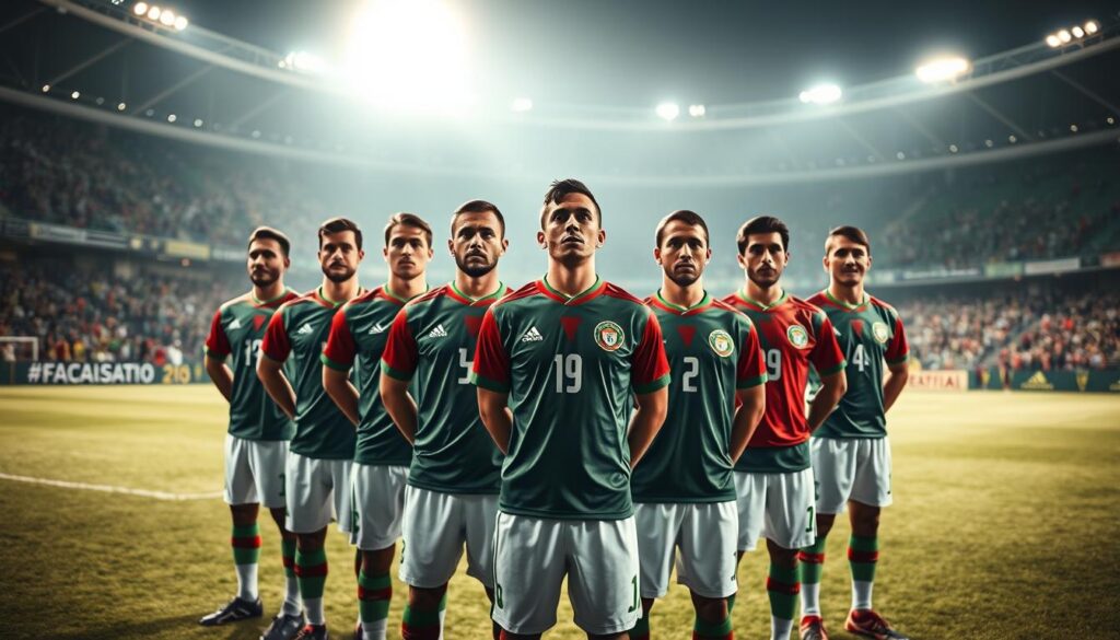 A group of Bolivian national team soccer players stands proudly on a well-lit pitch, their uniforms in the signature colors of red, green, and white. The players exude a sense of determination and camaraderie, their faces captured in a cinematic, three-quarter view. The background features a stadium with cheering fans, creating an atmosphere of excitement and national pride. The lighting is dramatic, with shadows and highlights accentuating the players' athleticism and resolute expressions. The camera angle is slightly elevated, giving the impression of a comprehensive, panoramic view of the team's unity and talent. A group of Bolivian national team soccer players stands proudly on a well-lit pitch, their uniforms in the signature colors of red, green, and white. The players exude a sense of determination and camaraderie, their faces captured in a cinematic, three-quarter view. The background features a stadium with cheering fans, creating an atmosphere of excitement and national pride. The lighting is dramatic, with shadows and highlights accentuating the players' athleticism and resolute expressions. The camera angle is slightly elevated, giving the impression of a comprehensive, panoramic view of the team's unity and talent.