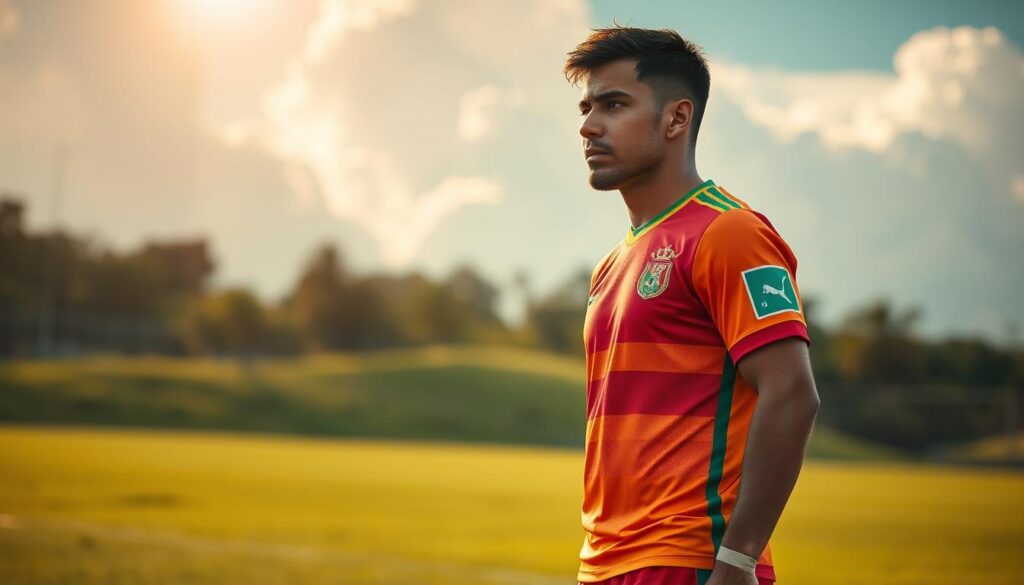 A professional Bolivian soccer player, clad in a vibrant jersey, stands in a contemplative pose on a lush, verdant pitch. Warm, golden light filters through cumulus clouds, casting a nostalgic glow over the scene. The player's expression conveys a sense of strategic focus, hinting at the historical significance of their contributions to the sport. The background blurs softly, emphasizing the subject's central position and the weight of their legacy. Elegant, sweeping camera angles capture the player's dynamic movement and the timeless elegance of the sport. A professional Bolivian soccer player, clad in a vibrant jersey, stands in a contemplative pose on a lush, verdant pitch. Warm, golden light filters through cumulus clouds, casting a nostalgic glow over the scene. The player's expression conveys a sense of strategic focus, hinting at the historical significance of their contributions to the sport. The background blurs softly, emphasizing the subject's central position and the weight of their legacy. Elegant, sweeping camera angles capture the player's dynamic movement and the timeless elegance of the sport.