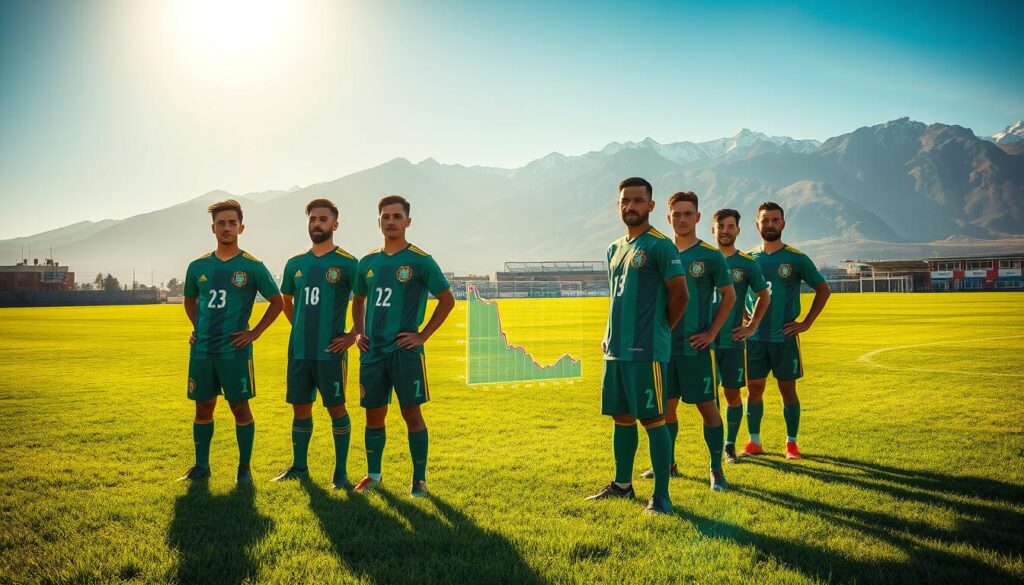 A serene, sun-drenched football field, its lush green grass gently swaying. In the foreground, a cluster of Bolivian footballers stand contemplatively, their jerseys emblazoned with national pride. Their faces etched with determination, each player represents a factor influencing their market value - from skill, form, and potential, to intangibles like leadership and team chemistry. The mid-ground showcases a detailed data visualization, illuminating the complex web of attributes that shape the ebb and flow of Bolivian player valuations. In the distance, a majestic Andean mountain range provides a breathtaking backdrop, symbolizing the unique cultural and geographical influences that mold the rise of Bolivian football talents. A serene, sun-drenched football field, its lush green grass gently swaying. In the foreground, a cluster of Bolivian footballers stand contemplatively, their jerseys emblazoned with national pride. Their faces etched with determination, each player represents a factor influencing their market value - from skill, form, and potential, to intangibles like leadership and team chemistry. The mid-ground showcases a detailed data visualization, illuminating the complex web of attributes that shape the ebb and flow of Bolivian player valuations. In the distance, a majestic Andean mountain range provides a breathtaking backdrop, symbolizing the unique cultural and geographical influences that mold the rise of Bolivian football talents.