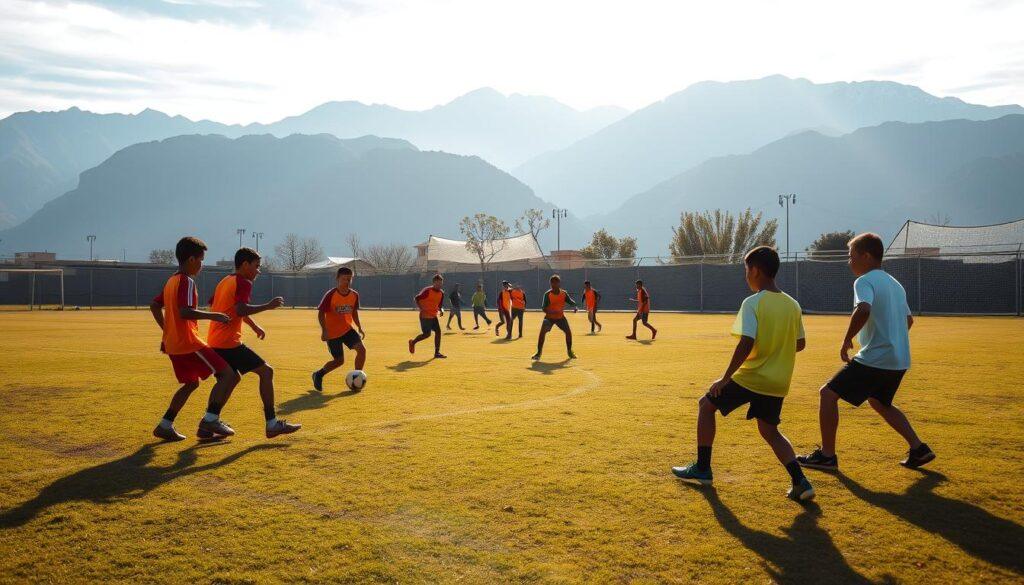 A sun-dappled soccer field in La Paz, Bolivia. In the foreground, a group of young talents, clad in vibrant jerseys, intently practice their ball control and passing drills under the watchful eye of their coach. The middle ground reveals teammates engaged in a spirited scrimmage, their movements fluid and determined. In the background, the majestic Andes mountains loom, casting a serene, inspiring backdrop to the scene. Soft, diffused natural lighting filters through, imbuing the training session with a sense of youthful optimism and the promise of a bright future for Bolivian soccer. A sun-dappled soccer field in La Paz, Bolivia. In the foreground, a group of young talents, clad in vibrant jerseys, intently practice their ball control and passing drills under the watchful eye of their coach. The middle ground reveals teammates engaged in a spirited scrimmage, their movements fluid and determined. In the background, the majestic Andes mountains loom, casting a serene, inspiring backdrop to the scene. Soft, diffused natural lighting filters through, imbuing the training session with a sense of youthful optimism and the promise of a bright future for Bolivian soccer.
