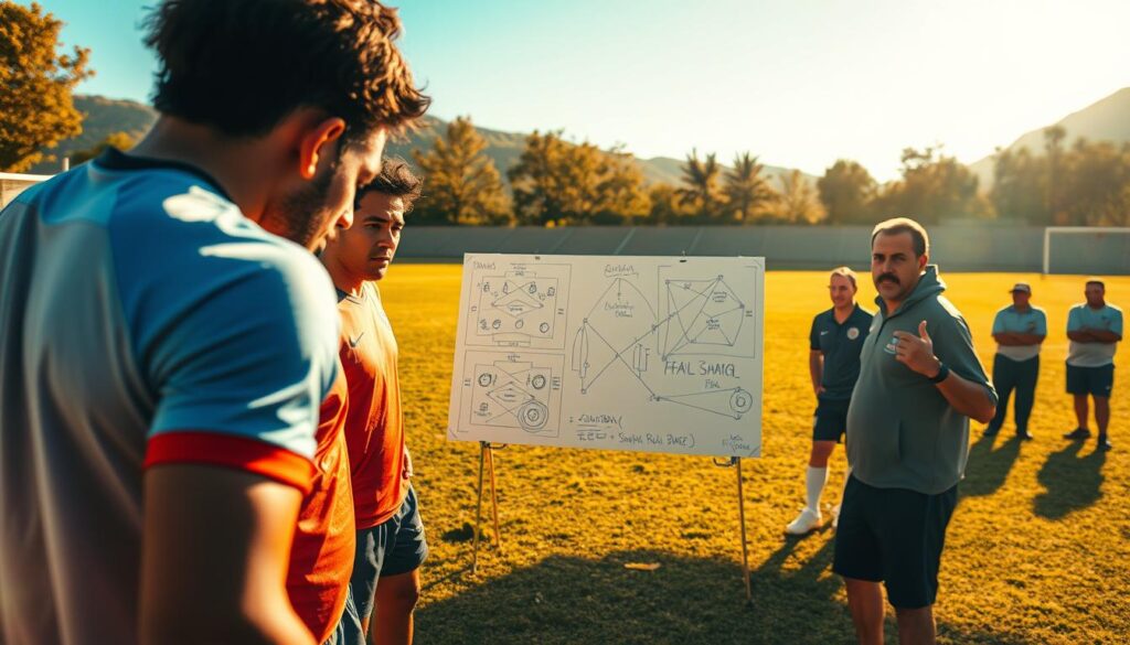 A sun-drenched football pitch in Bolivia, the air thick with anticipation. In the foreground, a group of talented players huddle, their faces intense with focus as they discuss tactics and strategies. The middle ground reveals a whiteboard, covered in intricate diagrams and meticulously annotated plays, a testament to the depth of their preparation. In the background, a group of coaches and analysts observe, their expressions keen and contemplative, capturing every nuance of the players' methodology. The scene is bathed in a warm, golden light, evoking a sense of passion and determination that embodies the spirit of Bolivian football. A sun-drenched football pitch in Bolivia, the air thick with anticipation. In the foreground, a group of talented players huddle, their faces intense with focus as they discuss tactics and strategies. The middle ground reveals a whiteboard, covered in intricate diagrams and meticulously annotated plays, a testament to the depth of their preparation. In the background, a group of coaches and analysts observe, their expressions keen and contemplative, capturing every nuance of the players' methodology. The scene is bathed in a warm, golden light, evoking a sense of passion and determination that embodies the spirit of Bolivian football.