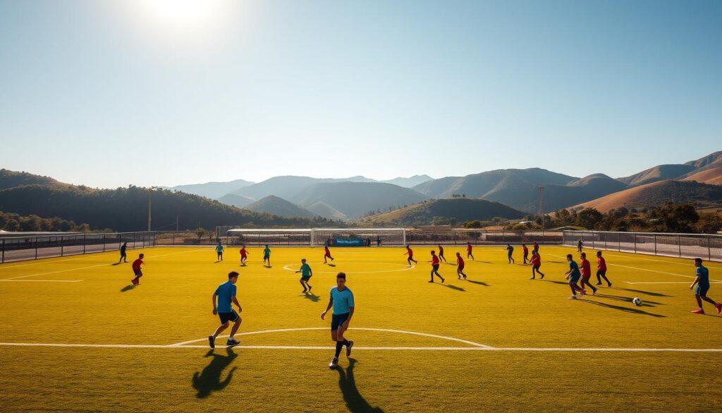 A well-equipped U17 football training facility set against a backdrop of lush, rolling hills. In the foreground, young players engage in drills on a pristine, regulation-size pitch, their movements captured by a wide-angle lens that emphasizes the scale and scope of the training ground. Warm, golden sunlight bathes the scene, casting long shadows and creating a sense of depth and dynamism. In the middle ground, state-of-the-art training equipment and facilities, including a covered indoor training area, strength and conditioning suites, and modern locker rooms, reflect the significant investment in developing the country's youth football talent. The overall atmosphere conveys a sense of purpose, determination, and the nurturing of the next generation of Bolivian football stars.