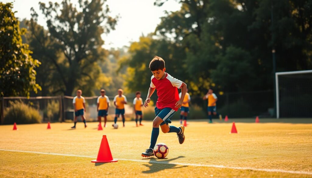 A young Bolivian soccer player, clad in a vibrant jersey, intently dribbles a ball through a series of cones on a sun-dappled training pitch. The athlete's powerful strides and focused gaze convey their determination to hone their skills. In the middle ground, teammates in coordinated uniforms participate in passing drills, their movements a harmonious dance. Lush, verdant foliage frames the scene, and the warm, golden light filters through, imbuing the image with a sense of promise and potential. The overall atmosphere evokes the rising talent's path to excellence, their ambitions shining through each controlled touch of the ball. A young Bolivian soccer player, clad in a vibrant jersey, intently dribbles a ball through a series of cones on a sun-dappled training pitch. The athlete's powerful strides and focused gaze convey their determination to hone their skills. In the middle ground, teammates in coordinated uniforms participate in passing drills, their movements a harmonious dance. Lush, verdant foliage frames the scene, and the warm, golden light filters through, imbuing the image with a sense of promise and potential. The overall atmosphere evokes the rising talent's path to excellence, their ambitions shining through each controlled touch of the ball.