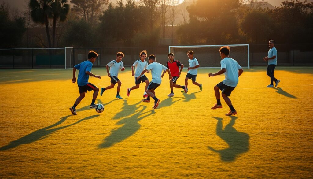 A group of Bolivian youth enthusiastically training on a well-maintained football pitch. In the foreground, players dribble and pass the ball with precision, their footwork honed through years of dedicated practice. The midground captures defenders aggressively challenging for possession, their bodies in dynamic motion. In the background, a coach observes the session intently, providing guidance and encouragement. The scene is bathed in the warm glow of the setting sun, casting long shadows and creating a sense of energy and purpose. The overall atmosphere conveys the passion, discipline, and camaraderie that are the hallmarks of Bolivian football.