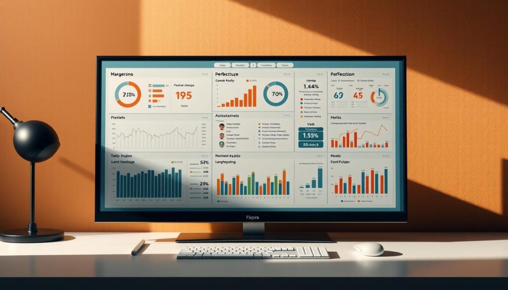 A meticulously crafted, data-rich statistical analysis board showcasing key performance metrics for a Bolivian football player. Positioned on a sleek, minimalist desk, the board features clean visualizations, charts, and infographics against a backdrop of warm, muted tones. Soft, directional lighting from an unseen source casts subtle shadows, creating depth and emphasizing the precision of the displayed information. The overall impression is one of professional expertise and keen analytical insight, perfectly suited to illustrate the "Key Stats for Scouts" section of the article.