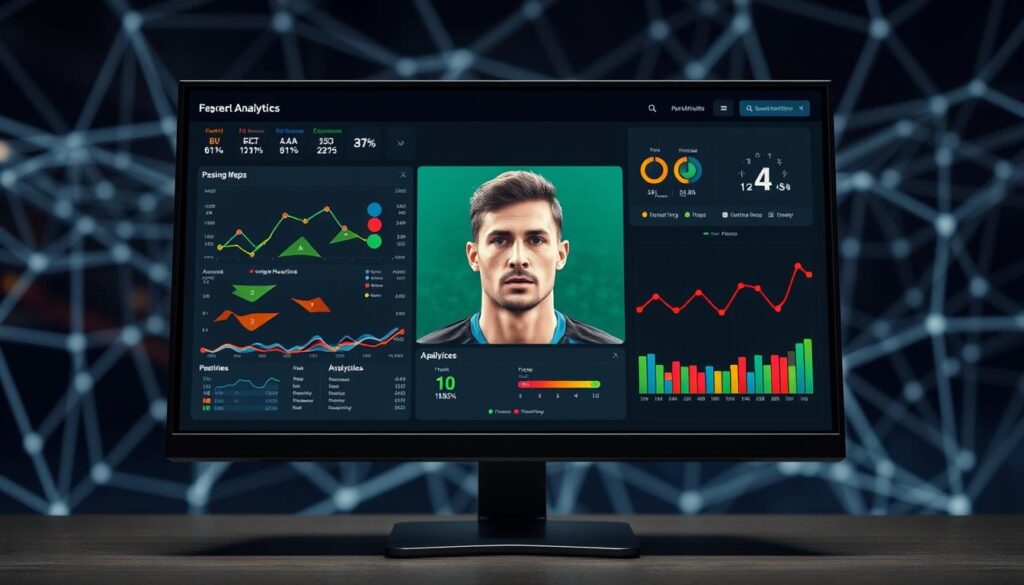 A meticulously designed soccer analytics dashboard displayed on a high-resolution computer monitor. The foreground showcases a player's statistical profile, including heat maps, passing networks, and advanced metrics like xG, xA, and defensive contributions. The middle ground features a detailed player portrait rendered in a photorealistic style, capturing the player's expression and body language. The background blurs into an abstract pattern of geometric shapes and lines, representing the complex data and analytics that underpin modern football scouting. The lighting is soft and even, creating a sense of professionalism and authority. The overall mood is one of thorough, data-driven analysis, befitting the "Typical Scouting Report Structure" section of the article.