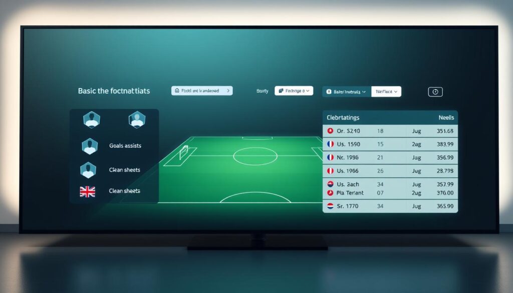 A sleek, minimalist visualization of basic football stats displayed on a large, high-definition display. The foreground features clean, geometric shapes and icons representing key player positions and performance metrics such as goals, assists, and clean sheets. The middle ground showcases a stylized pitch or field layout, with subtle lines and markings to provide context. The background is a soft, gradient-filled environment, creating a sense of depth and professionalism. The lighting is soft and directional, casting subtle shadows and highlights to emphasize the data visualization. The overall mood is one of clarity, precision, and a deep understanding of the sport's tactical nuances.