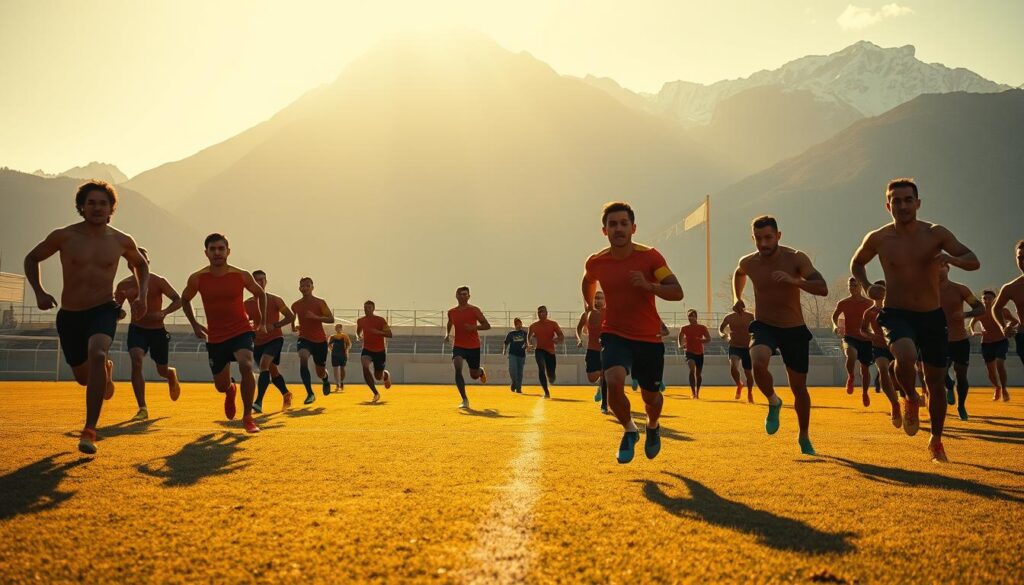 A soccer field bathed in warm, golden sunlight. In the foreground, Bolivian football players engage in a dynamic fitness drill, their muscular frames and agile movements on full display. The middle ground features a group of athletes sprinting, their legs pumping with power and endurance. In the background, the iconic Andes mountains rise, providing a majestic backdrop to this scene of Bolivian athletic prowess. The camera angle captures the players from a low perspective, emphasizing their physical dominance and the intensity of their training. The overall mood conveys the dedication, strength, and determination of Bolivian football players as they strive to push the boundaries of their physical capabilities.