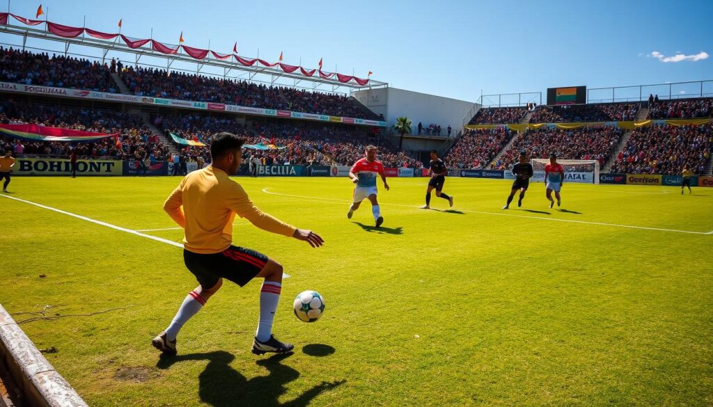 A sun-drenched football pitch in Bolivia, with a goalkeeper in traditional attire deftly controlling the ball, their agile movements reflecting the unique "sweeper-keeper" tactics prevalent in the local game. In the foreground, defenders expertly position themselves to intercept passes, their positioning and anticipation showcasing the defensive nuances of this position. The middle ground features midfielders seamlessly transitioning between offense and defense, their quick thinking and ball control a testament to the versatility required in this role. The background depicts the vibrant, passionate supporters, their colorful banners and chants creating an immersive, lively atmosphere that embodies the spirit of Bolivian football.