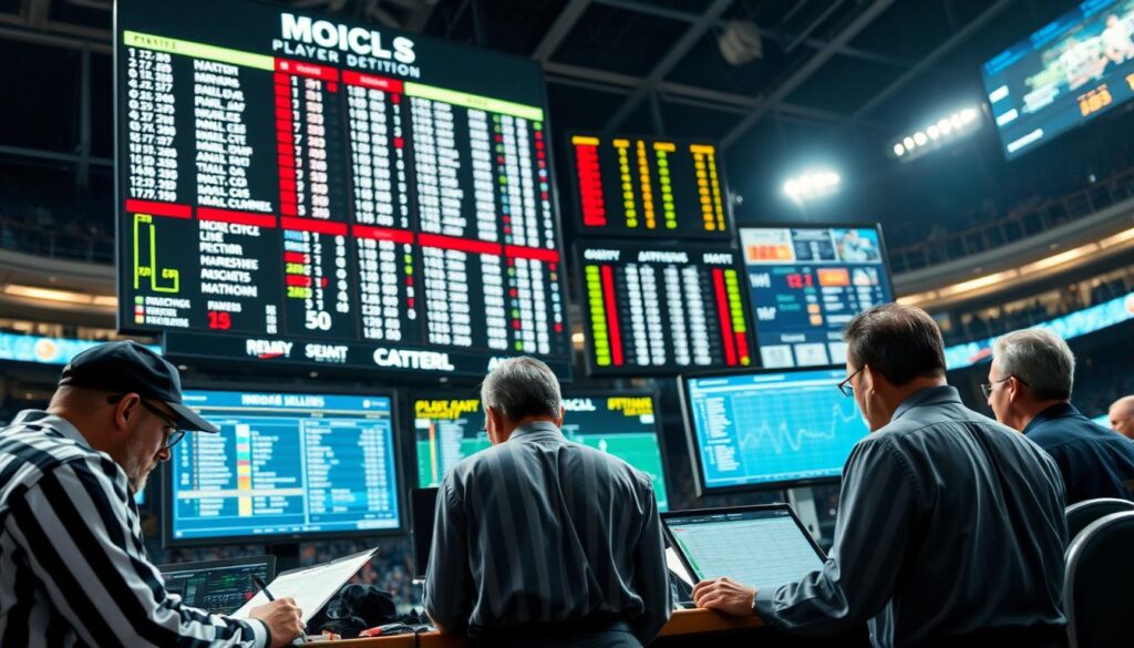 a detailed, realistic scene of a player stats collection process, showing a scoreboard, game officials recording data, and various digital displays and analytics tools in use. The scene should have a sense of professionalism and organization, with the scoreboard as the focal point, surrounded by officials diligently recording statistics. The background should include a sports arena or stadium setting, with appropriate lighting and camera angles to convey the technical and analytical nature of the data collection. The overall mood should be one of efficiency, precision, and the importance of accurate player statistics. a detailed, realistic scene of a player stats collection process, showing a scoreboard, game officials recording data, and various digital displays and analytics tools in use. The scene should have a sense of professionalism and organization, with the scoreboard as the focal point, surrounded by officials diligently recording statistics. The background should include a sports arena or stadium setting, with appropriate lighting and camera angles to convey the technical and analytical nature of the data collection. The overall mood should be one of efficiency, precision, and the importance of accurate player statistics.