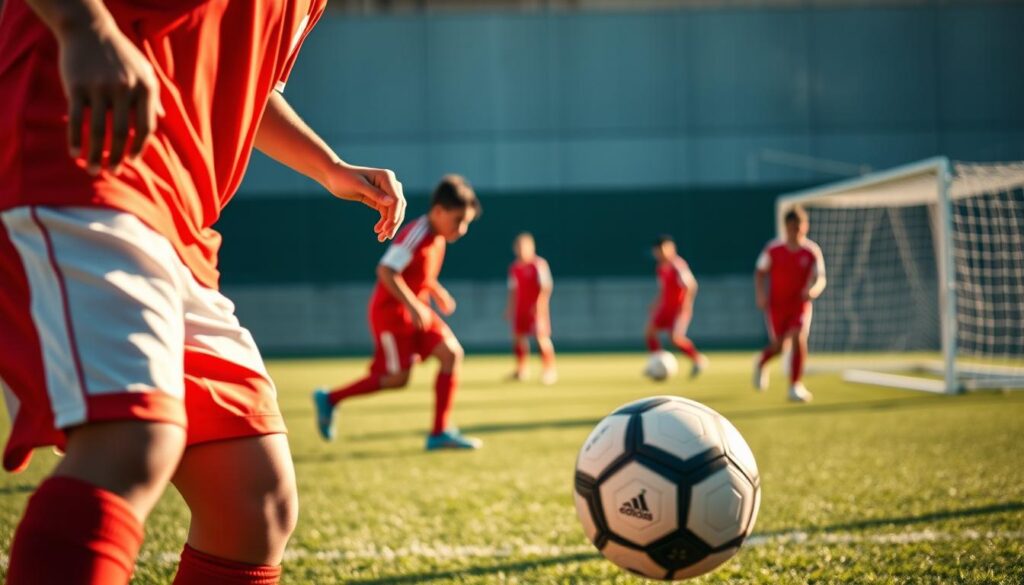 A close-up shot of a young Bolivian football player in vibrant red and white uniform, intensely focused on dribbling a ball through a training drill. The lighting is warm and natural, casting dynamic shadows that accentuate the player's technical movements. In the middle ground, their teammates can be seen working through similar drills, creating a sense of teamwork and camaraderie. The background is blurred, but suggests a well-equipped training facility with modern goals and other equipment. The overall mood is one of dedicated, disciplined skill development, conveying the strengths and weaknesses that make up the technical foundations of Bolivian youth football prospects.