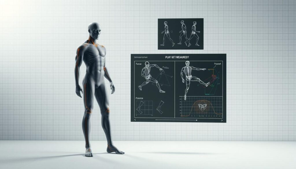 A comprehensive player physical technical analysis diagram, rendered in a clean, scientific style. The foreground depicts a stylized human figure in neutral pose, with key anatomical features and muscle groups highlighted. In the middle ground, motion capture data visualizations and biomechanical diagrams overlay the figure, showcasing joint movements, force vectors, and other performance metrics. The background features a minimalist grid or graph paper texture, creating a sense of technical precision. Lighting is soft and even, casting subtle shadows to emphasize the 3D form. The overall mood is one of objective, data-driven assessment, suitable for illustrating the "What Gets Measured?" section of the football player statistics article. A comprehensive player physical technical analysis diagram, rendered in a clean, scientific style. The foreground depicts a stylized human figure in neutral pose, with key anatomical features and muscle groups highlighted. In the middle ground, motion capture data visualizations and biomechanical diagrams overlay the figure, showcasing joint movements, force vectors, and other performance metrics. The background features a minimalist grid or graph paper texture, creating a sense of technical precision. Lighting is soft and even, casting subtle shadows to emphasize the 3D form. The overall mood is one of objective, data-driven assessment, suitable for illustrating the "What Gets Measured?" section of the football player statistics article.
