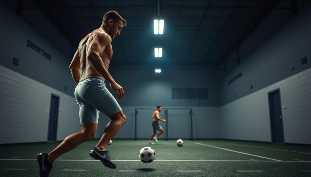 A detailed technical analysis of a football player's physique and movements, captured in a realistic, cinematic style. The foreground showcases the player's muscular, well-proportioned body in motion, with a focus on their fluid, efficient techniques. The middle ground depicts the player's footwork and ball control, highlighting the precision and control they exhibit. The background features a dimly lit, minimalist training facility, emphasizing the player's dedication and the program's attention to detail. Crisp, high-contrast lighting illuminates the scene, casting dramatic shadows and lending an air of intensity to the analysis. A detailed technical analysis of a football player's physique and movements, captured in a realistic, cinematic style. The foreground showcases the player's muscular, well-proportioned body in motion, with a focus on their fluid, efficient techniques. The middle ground depicts the player's footwork and ball control, highlighting the precision and control they exhibit. The background features a dimly lit, minimalist training facility, emphasizing the player's dedication and the program's attention to detail. Crisp, high-contrast lighting illuminates the scene, casting dramatic shadows and lending an air of intensity to the analysis.