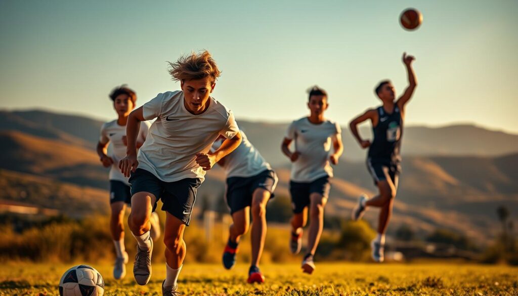 A group of talented young Bolivian athletes, their determined expressions lit by warm, golden light. In the foreground, a soccer player dribbling a ball, muscles taut. Behind them, a track runner mid-stride, arms pumping. In the background, a basketball player sinking a three-pointer, their form silhouetted against a vibrant Bolivian landscape. The overall scene conveys a sense of youthful energy, potential, and the pride of Bolivian sports. Shot with a high-quality, wide-angle lens to capture the dynamic movement and environment.