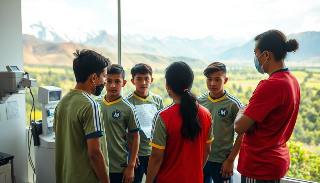 A group of youth football players in Bolivia undergoing health monitoring, with a supportive parent in the foreground. The players are being checked by medical professionals in a well-equipped clinic, with diagnostic machines and charts visible in the middle ground. The background shows the vibrant Bolivian landscape, including snow-capped mountains and lush greenery, conveying a sense of the country's natural beauty. Soft, warm lighting illuminates the scene, creating a reassuring and caring atmosphere. The focus is on the importance of comprehensive health monitoring to ensure the well-being of young athletes as they develop their skills and pursue their dreams. A group of youth football players in Bolivia undergoing health monitoring, with a supportive parent in the foreground. The players are being checked by medical professionals in a well-equipped clinic, with diagnostic machines and charts visible in the middle ground. The background shows the vibrant Bolivian landscape, including snow-capped mountains and lush greenery, conveying a sense of the country's natural beauty. Soft, warm lighting illuminates the scene, creating a reassuring and caring atmosphere. The focus is on the importance of comprehensive health monitoring to ensure the well-being of young athletes as they develop their skills and pursue their dreams.