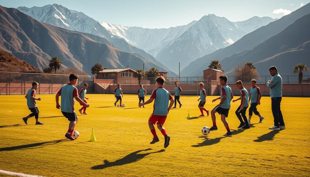A lush, sun-dappled training field in La Paz, Bolivia. In the foreground, a group of young footballers, ages 8-12, intently practicing dribbling drills, their feet a blur of motion as they weave between cones. Their coaches, wearing matching tracksuits, observe closely, offering encouragement and tactical guidance. In the middle ground, some players practice passing and shooting, their shots echoing across the well-manicured pitch. Towering mountains loom in the background, their snow-capped peaks serving as a dramatic backdrop to this scene of youth football development. The lighting is warm and golden, casting a glow over the proceedings, conveying a sense of determination and potential within these aspiring Bolivian soccer stars. A lush, sun-dappled training field in La Paz, Bolivia. In the foreground, a group of young footballers, ages 8-12, intently practicing dribbling drills, their feet a blur of motion as they weave between cones. Their coaches, wearing matching tracksuits, observe closely, offering encouragement and tactical guidance. In the middle ground, some players practice passing and shooting, their shots echoing across the well-manicured pitch. Towering mountains loom in the background, their snow-capped peaks serving as a dramatic backdrop to this scene of youth football development. The lighting is warm and golden, casting a glow over the proceedings, conveying a sense of determination and potential within these aspiring Bolivian soccer stars.