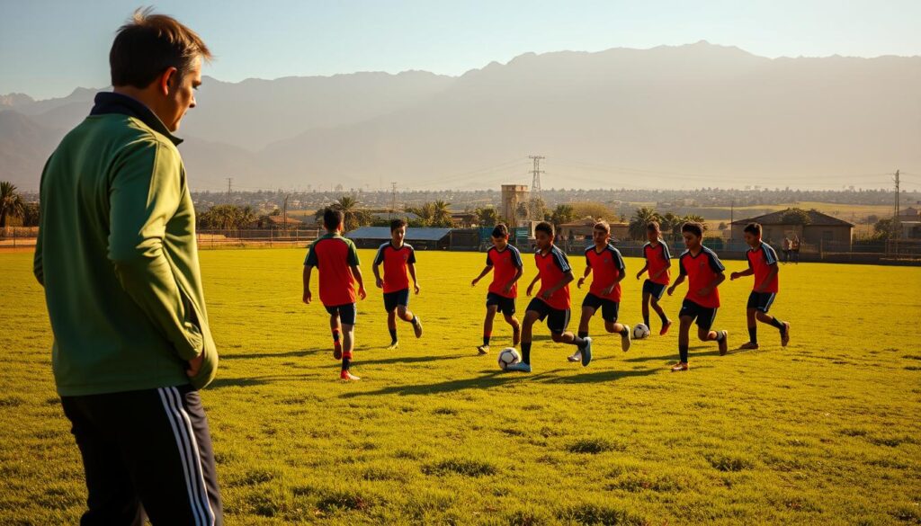 A lush, verdant field with a group of young Bolivian footballers in vibrant jerseys training under the warm, golden light of the South American sun. In the foreground, a coach in a crisp, athletic tracksuit observes the players as they dribble and pass the ball with precision and focus. In the middle ground, the players move with fluid, athletic grace, their eyes fixed on the ball. In the background, a panoramic view of the Andes mountains stands tall, casting a serene and inspiring backdrop. The scene exudes a sense of potential and promise, capturing the essence of "Building a Midfield Star" - the development of Bolivia's next generation of talented midfielders.