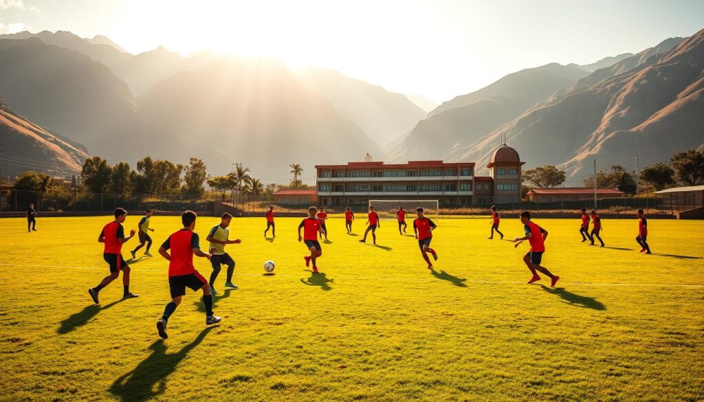 A lush, verdant soccer field surrounded by towering Andean peaks, bathed in warm, golden sunlight. In the foreground, a group of young Bolivian footballers in vibrant uniforms train rigorously, their movements fluid and precise as they practice drills and exercises under the watchful eye of experienced coaches. The middle ground captures the energy and camaraderie of the youth academy, with players passing, shooting, and encouraging one another. In the background, the iconic Tahuichi Academy facilities stand tall, a symbol of the country's unwavering commitment to nurturing the next generation of Bolivian goalkeeping talent. The scene exudes a sense of determination, discipline, and the boundless potential of these young athletes. A lush, verdant soccer field surrounded by towering Andean peaks, bathed in warm, golden sunlight. In the foreground, a group of young Bolivian footballers in vibrant uniforms train rigorously, their movements fluid and precise as they practice drills and exercises under the watchful eye of experienced coaches. The middle ground captures the energy and camaraderie of the youth academy, with players passing, shooting, and encouraging one another. In the background, the iconic Tahuichi Academy facilities stand tall, a symbol of the country's unwavering commitment to nurturing the next generation of Bolivian goalkeeping talent. The scene exudes a sense of determination, discipline, and the boundless potential of these young athletes.
