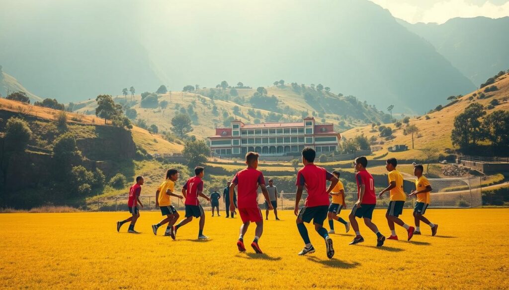 A lush, verdant training ground nestled in the Bolivian highlands. In the foreground, a group of young footballers in vibrant uniforms, engaged in a dynamic passing drill, their movements fluid and coordinated. In the middle ground, coaches observing intently, offering guidance and encouragement. The background reveals the iconic Tahuichi Academy complex, its architecture blending seamlessly with the rugged terrain. Warm, diffused sunlight bathes the scene, casting a golden glow and accentuating the youthful energy. The atmosphere exudes a sense of discipline, camaraderie, and the pursuit of excellence, capturing the essence of the Tahuichi's renowned training methods. A lush, verdant training ground nestled in the Bolivian highlands. In the foreground, a group of young footballers in vibrant uniforms, engaged in a dynamic passing drill, their movements fluid and coordinated. In the middle ground, coaches observing intently, offering guidance and encouragement. The background reveals the iconic Tahuichi Academy complex, its architecture blending seamlessly with the rugged terrain. Warm, diffused sunlight bathes the scene, casting a golden glow and accentuating the youthful energy. The atmosphere exudes a sense of discipline, camaraderie, and the pursuit of excellence, capturing the essence of the Tahuichi's renowned training methods.