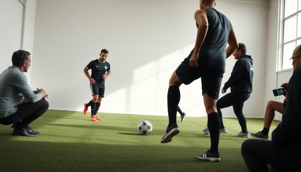 A professional soccer player undergoing a rigorous physical and technical assessment, captured in a candid, documentary-style shot. The scene depicts the player performing agility drills, their movements analyzed by a team of experts against a neutral, minimalist backdrop. Soft, natural lighting casts subtle shadows, emphasizing the player's muscular physique and precise footwork. The camera angle is slightly elevated, lending an authoritative, evaluative perspective, as if the viewer is a scout or coach observing the assessment process. The overall mood is one of scrutiny and potential, hinting at the player's journey and the factors that may compel them to seek opportunities abroad. A professional soccer player undergoing a rigorous physical and technical assessment, captured in a candid, documentary-style shot. The scene depicts the player performing agility drills, their movements analyzed by a team of experts against a neutral, minimalist backdrop. Soft, natural lighting casts subtle shadows, emphasizing the player's muscular physique and precise footwork. The camera angle is slightly elevated, lending an authoritative, evaluative perspective, as if the viewer is a scout or coach observing the assessment process. The overall mood is one of scrutiny and potential, hinting at the player's journey and the factors that may compel them to seek opportunities abroad.