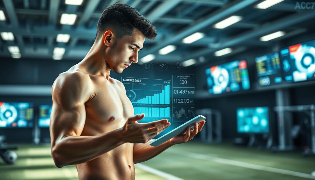 A soccer player meticulously analyzing their performance data on a holographic display, surrounded by a futuristic training facility bathed in soft, directional lighting. The player's body is in sharp focus, with visible muscle definition and precision movements, as they review metrics like speed, agility, and ball control. The background blurs into an array of diagnostic screens and state-of-the-art equipment, creating a sense of a dedicated, high-tech environment focused on optimizing athletic potential. A soccer player meticulously analyzing their performance data on a holographic display, surrounded by a futuristic training facility bathed in soft, directional lighting. The player's body is in sharp focus, with visible muscle definition and precision movements, as they review metrics like speed, agility, and ball control. The background blurs into an array of diagnostic screens and state-of-the-art equipment, creating a sense of a dedicated, high-tech environment focused on optimizing athletic potential.