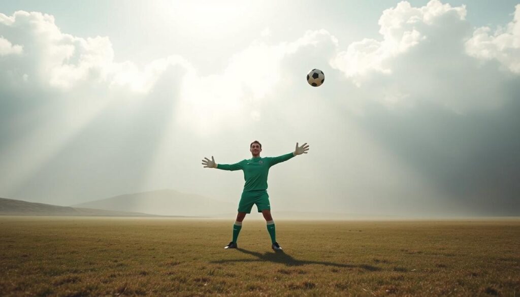 Altitude-adapted goalkeeper training in a serene Bolivian highlands setting. A solitary goalkeeper stands in a hazy, sun-dappled field, kitted out in vibrant green uniform. Crisp mountain air and billowing clouds frame the scene, as the goalkeeper deftly deflects a shot with outstretched arms, their agility honed by the rarified atmosphere. Soft, directional lighting accentuates the goalkeeper's focused expression and the ball's trajectory. Wide-angle lens captures the training ground's vast, remote grandeur, conveying the unique challenges of high-altitude football. Altitude-adapted goalkeeper training in a serene Bolivian highlands setting. A solitary goalkeeper stands in a hazy, sun-dappled field, kitted out in vibrant green uniform. Crisp mountain air and billowing clouds frame the scene, as the goalkeeper deftly deflects a shot with outstretched arms, their agility honed by the rarified atmosphere. Soft, directional lighting accentuates the goalkeeper's focused expression and the ball's trajectory. Wide-angle lens captures the training ground's vast, remote grandeur, conveying the unique challenges of high-altitude football.