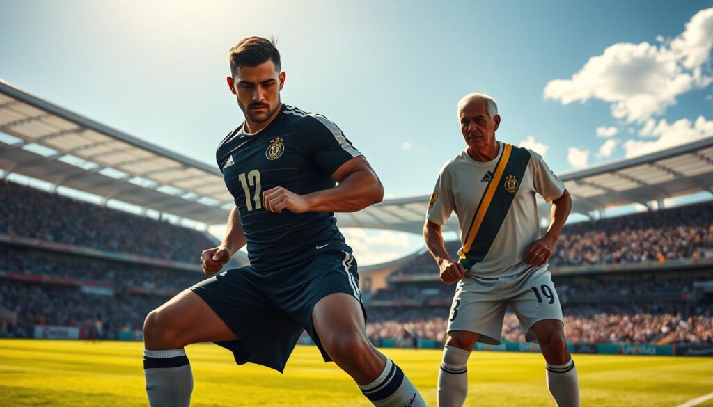 Bolivian defender tactical evolution: A photorealistic digital painting showcasing the contrast between a modern and a classic Bolivian defender. In the foreground, a muscular defender in a sleek, modern uniform expertly positions himself, his gaze fixed with intense focus. In the middle ground, an older, experienced defender in a more traditional kit reads the play, his body language exuding calm composure. The background depicts a sun-drenched Andean stadium, the crowd's energy palpable. Dramatic lighting accentuates the defenders' physiques and the textures of their uniforms, creating a cinematic atmosphere. Captured with a wide-angle lens, the scene conveys the rapid evolution of Bolivian defensive tactics and the coexistence of old and new guard. Bolivian defender tactical evolution: A photorealistic digital painting showcasing the contrast between a modern and a classic Bolivian defender. In the foreground, a muscular defender in a sleek, modern uniform expertly positions himself, his gaze fixed with intense focus. In the middle ground, an older, experienced defender in a more traditional kit reads the play, his body language exuding calm composure. The background depicts a sun-drenched Andean stadium, the crowd's energy palpable. Dramatic lighting accentuates the defenders' physiques and the textures of their uniforms, creating a cinematic atmosphere. Captured with a wide-angle lens, the scene conveys the rapid evolution of Bolivian defensive tactics and the coexistence of old and new guard.