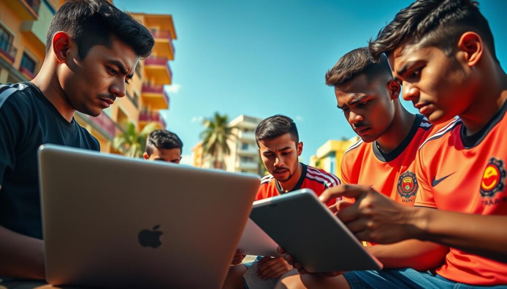 a highly detailed, cinematic, wide-angle image of a group of young Bolivian football players analyzing data on their laptops and tablets, with a focus on their intense expressions and body language as they discuss tactics and performance statistics, set against the backdrop of a sun-drenched, vibrant urban landscape with colorful buildings, palm trees, and a clear blue sky, captured with a shallow depth of field and dramatic lighting to create a sense of energy, ambition, and dedication a highly detailed, cinematic, wide-angle image of a group of young Bolivian football players analyzing data on their laptops and tablets, with a focus on their intense expressions and body language as they discuss tactics and performance statistics, set against the backdrop of a sun-drenched, vibrant urban landscape with colorful buildings, palm trees, and a clear blue sky, captured with a shallow depth of field and dramatic lighting to create a sense of energy, ambition, and dedication