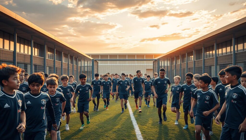 A bustling youth academy, its players transitioning seamlessly into the club's professional ranks. In the foreground, a group of young athletes, their faces alight with determination, engage in a spirited training session, honing their skills under the watchful eye of experienced coaches. In the middle ground, a procession of uniformed players marches through the academy's gates, crossing the threshold into the club's first-team setup, their dreams of professional glory inching closer. The background showcases the club's state-of-the-art facilities - sleek, modern structures housing cutting-edge training equipment and sport science labs, all designed to nurture and elevate the next generation of talent. Warm, golden lighting suffuses the scene, creating a sense of hope and opportunity as these pathways converge, blending the promise of youth with the prestige of the club.
