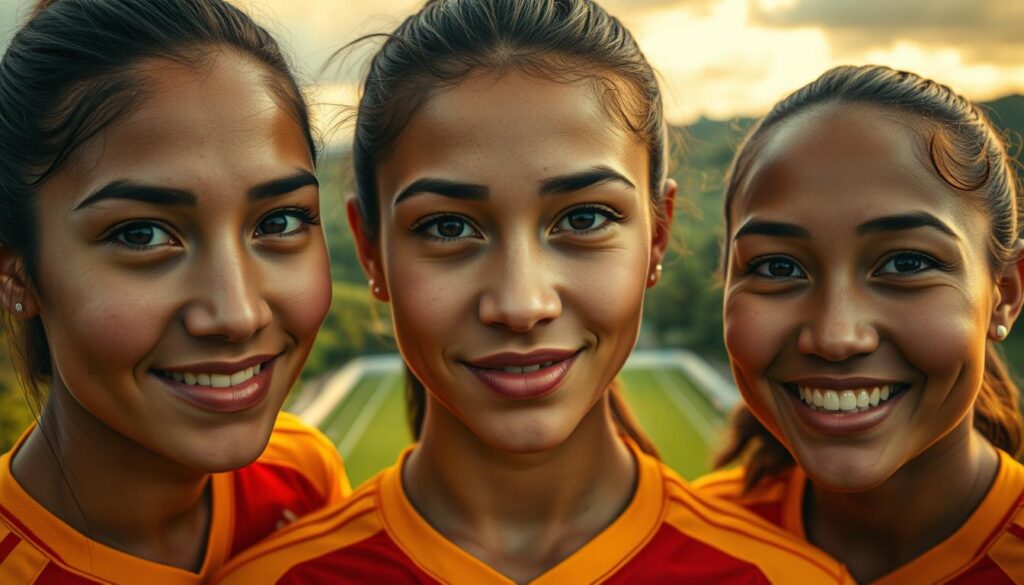 A close-up, cinematic portrait of three female Bolivian football role models, their faces beaming with pride and determination. The subjects are set against a lush, verdant backdrop, with a stadium in the middle distance and a dramatic, golden-hour sky overhead. Crisp, high-resolution details capture the texture of their jerseys, the sweat on their brows, and the intensity in their eyes as they gaze confidently into the camera. The lighting is warm and dramatic, creating a sense of inspiration and empowerment. The overall mood is one of strength, resilience, and the boundless potential of women's football in Bolivia. A close-up, cinematic portrait of three female Bolivian football role models, their faces beaming with pride and determination. The subjects are set against a lush, verdant backdrop, with a stadium in the middle distance and a dramatic, golden-hour sky overhead. Crisp, high-resolution details capture the texture of their jerseys, the sweat on their brows, and the intensity in their eyes as they gaze confidently into the camera. The lighting is warm and dramatic, creating a sense of inspiration and empowerment. The overall mood is one of strength, resilience, and the boundless potential of women's football in Bolivia.