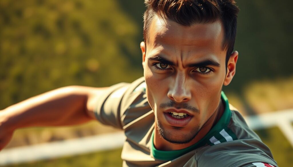 A close-up portrait of Marcelo Moreno, the celebrated Bolivian striker, captured in dynamic motion on a soccer pitch. Moreno's face is lit with determination, his eyes laser-focused, as he winds up to unleash a powerful shot. The background is a blur of green grass and white lines, emphasizing the energy and momentum of the moment. The image is shot with a medium-length telephoto lens, creating a tight, cinematic framing that draws the viewer into the action. The lighting is natural, casting warm shadows that accentuate Moreno's chiseled features. The overall mood is one of intensity and athletic prowess, befitting a player who has etched his name into Bolivian football history as a prolific goal scorer. A close-up portrait of Marcelo Moreno, the celebrated Bolivian striker, captured in dynamic motion on a soccer pitch. Moreno's face is lit with determination, his eyes laser-focused, as he winds up to unleash a powerful shot. The background is a blur of green grass and white lines, emphasizing the energy and momentum of the moment. The image is shot with a medium-length telephoto lens, creating a tight, cinematic framing that draws the viewer into the action. The lighting is natural, casting warm shadows that accentuate Moreno's chiseled features. The overall mood is one of intensity and athletic prowess, befitting a player who has etched his name into Bolivian football history as a prolific goal scorer.