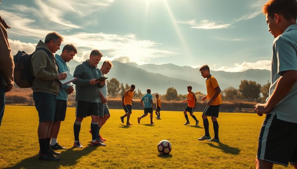 A group of Bolivian football scouts intently observing young players on a lush, verdant pitch. Sunlight filters through wispy clouds, casting a warm, golden glow over the scene. In the foreground, the scouts lean in, clipboards in hand, their faces filled with concentration as they evaluate the talent before them. In the middle ground, the players showcase their dribbling skills and passing abilities, their movements fluid and precise. The background frames the action with a backdrop of distant Andean peaks, hinting at the aspirations and potential of these young footballers. The overall atmosphere exudes a sense of opportunity, as the scouts seek to uncover the next generation of Bolivian football stars. A group of Bolivian football scouts intently observing young players on a lush, verdant pitch. Sunlight filters through wispy clouds, casting a warm, golden glow over the scene. In the foreground, the scouts lean in, clipboards in hand, their faces filled with concentration as they evaluate the talent before them. In the middle ground, the players showcase their dribbling skills and passing abilities, their movements fluid and precise. The background frames the action with a backdrop of distant Andean peaks, hinting at the aspirations and potential of these young footballers. The overall atmosphere exudes a sense of opportunity, as the scouts seek to uncover the next generation of Bolivian football stars.