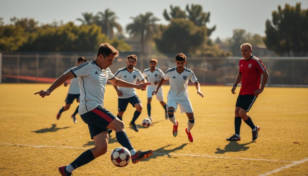 A group of Bolivian soccer players intensely training their attacking skills on a sun-drenched pitch. In the foreground, a striker aggressively dribbles the ball, his eyes locked on the goal, muscles tensed as he prepares to unleash a powerful shot. In the middle ground, teammates perform rapid passing drills, their movements a blur of coordination and precision. In the background, a coach observes with a critical eye, barking instructions to refine their technique. The scene is bathed in warm, golden light, creating a sense of focus and determination as the players hone their offensive prowess. A group of Bolivian soccer players intensely training their attacking skills on a sun-drenched pitch. In the foreground, a striker aggressively dribbles the ball, his eyes locked on the goal, muscles tensed as he prepares to unleash a powerful shot. In the middle ground, teammates perform rapid passing drills, their movements a blur of coordination and precision. In the background, a coach observes with a critical eye, barking instructions to refine their technique. The scene is bathed in warm, golden light, creating a sense of focus and determination as the players hone their offensive prowess.