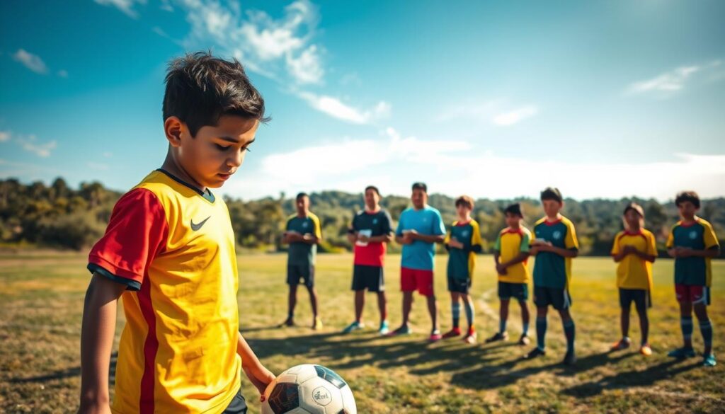 A group of Bolivian youth, faces alight with determination, gathered on a sun-dappled football pitch. In the foreground, a young player deftly controls the ball, his focus intense. Around him, teammates in vibrant jerseys pass and weave, their movements fluid and coordinated. In the middle ground, coaches observe intently, clipboards in hand, offering guidance and encouragement. The background features a backdrop of lush greenery, the sky a brilliant azure blue, capturing the optimism and potential of these rising stars. Soft, warm lighting casts a gentle glow, highlighting the camaraderie and dedication of this dedicated team. A group of Bolivian youth, faces alight with determination, gathered on a sun-dappled football pitch. In the foreground, a young player deftly controls the ball, his focus intense. Around him, teammates in vibrant jerseys pass and weave, their movements fluid and coordinated. In the middle ground, coaches observe intently, clipboards in hand, offering guidance and encouragement. The background features a backdrop of lush greenery, the sky a brilliant azure blue, capturing the optimism and potential of these rising stars. Soft, warm lighting casts a gentle glow, highlighting the camaraderie and dedication of this dedicated team.