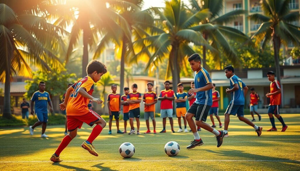 A group of spirited Bolivian youth, their vibrant jerseys contrasting against the lush, verdant backdrop of a local football pitch. Sunlight filters through the swaying palm trees, casting a warm, golden glow over the scene. In the foreground, two players engage in a fierce but friendly dribbling duel, their nimble footwork and competitive drive on full display. In the middle ground, a coach observes intently, clipboard in hand, as a team of eager young footballers train with focused determination. The background reveals a bustling, colorful neighborhood, hinting at the rich cultural tapestry that nurtures these aspiring athletes. The overall mood is one of youthful energy, community, and the promise of future greatness in Bolivian football. A group of spirited Bolivian youth, their vibrant jerseys contrasting against the lush, verdant backdrop of a local football pitch. Sunlight filters through the swaying palm trees, casting a warm, golden glow over the scene. In the foreground, two players engage in a fierce but friendly dribbling duel, their nimble footwork and competitive drive on full display. In the middle ground, a coach observes intently, clipboard in hand, as a team of eager young footballers train with focused determination. The background reveals a bustling, colorful neighborhood, hinting at the rich cultural tapestry that nurtures these aspiring athletes. The overall mood is one of youthful energy, community, and the promise of future greatness in Bolivian football.
