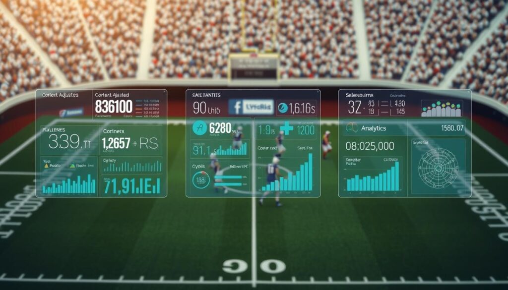 A neatly organized football field, viewed from an overhead perspective, with crisp, high-definition rendering. In the foreground, a selection of context-adjusted metrics are displayed as holographic data visualizations, including player statistics, team performance indicators, and analytical insights. The middle ground features football players in motion, their movements captured with a cinematic, slow-motion effect. The background is softly blurred, emphasizing the focus on the data and analytics. The lighting is warm and natural, creating a sense of depth and atmosphere. The overall mood is one of clarity, precision, and a deeper understanding of the game's inner workings. A neatly organized football field, viewed from an overhead perspective, with crisp, high-definition rendering. In the foreground, a selection of context-adjusted metrics are displayed as holographic data visualizations, including player statistics, team performance indicators, and analytical insights. The middle ground features football players in motion, their movements captured with a cinematic, slow-motion effect. The background is softly blurred, emphasizing the focus on the data and analytics. The lighting is warm and natural, creating a sense of depth and atmosphere. The overall mood is one of clarity, precision, and a deeper understanding of the game's inner workings.