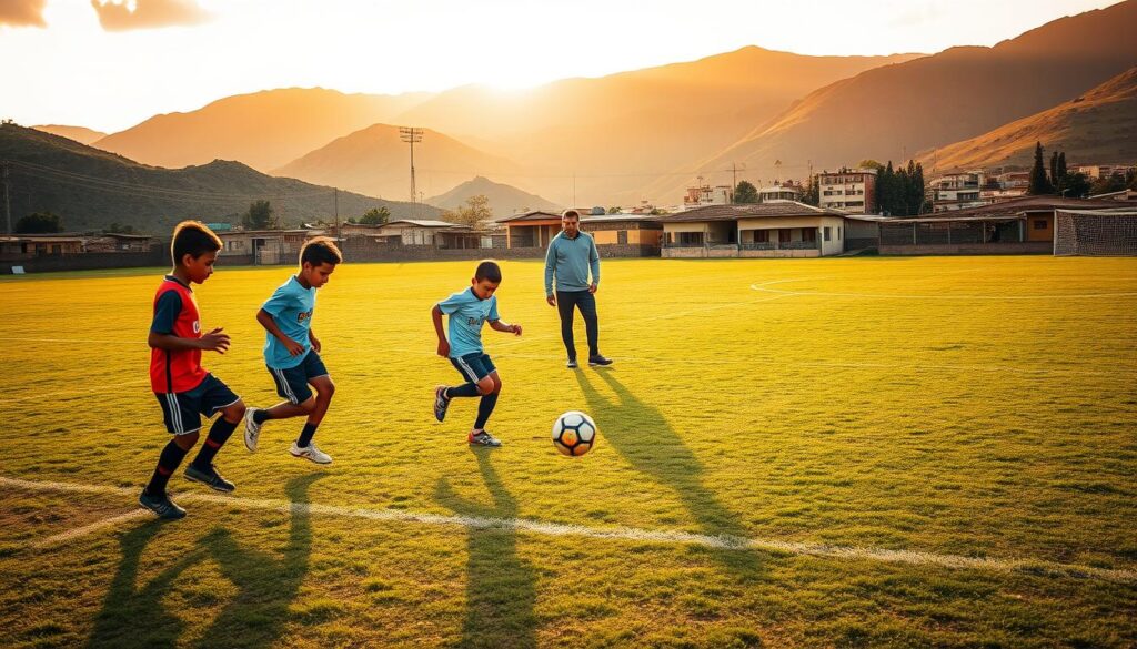 A soccer field in a small Bolivian town, bathed in warm golden light. In the foreground, a group of young players, their faces filled with determination, honing their dribbling skills and practicing precise footwork. In the middle ground, a coach observes intently, offering guidance and encouragement. The background showcases the rugged, scenic Bolivian landscape, mountains rising in the distance, creating a sense of place and context. The scene conveys the dedication, hard work, and passion of these aspiring footballers, working to develop their technical abilities and build a winning team. A soccer field in a small Bolivian town, bathed in warm golden light. In the foreground, a group of young players, their faces filled with determination, honing their dribbling skills and practicing precise footwork. In the middle ground, a coach observes intently, offering guidance and encouragement. The background showcases the rugged, scenic Bolivian landscape, mountains rising in the distance, creating a sense of place and context. The scene conveys the dedication, hard work, and passion of these aspiring footballers, working to develop their technical abilities and build a winning team.
