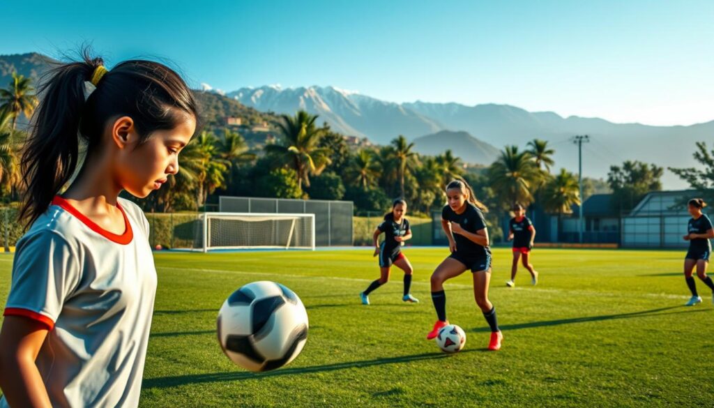 A vibrant scene of a women's football academy in the heart of Bolivia. In the foreground, a group of young female players enthusiastically practice their ball-handling skills on a well-maintained pitch, their determination etched on their faces. The middle ground reveals a modern training facility with state-of-the-art equipment, surrounded by lush, verdant foliage and the majestic Andes mountains in the distance, bathed in the warm glow of the afternoon sun. The atmosphere exudes a sense of empowerment, as these rising stars hone their talents, poised to inspire the next generation of Bolivian women's football. A vibrant scene of a women's football academy in the heart of Bolivia. In the foreground, a group of young female players enthusiastically practice their ball-handling skills on a well-maintained pitch, their determination etched on their faces. The middle ground reveals a modern training facility with state-of-the-art equipment, surrounded by lush, verdant foliage and the majestic Andes mountains in the distance, bathed in the warm glow of the afternoon sun. The atmosphere exudes a sense of empowerment, as these rising stars hone their talents, poised to inspire the next generation of Bolivian women's football.