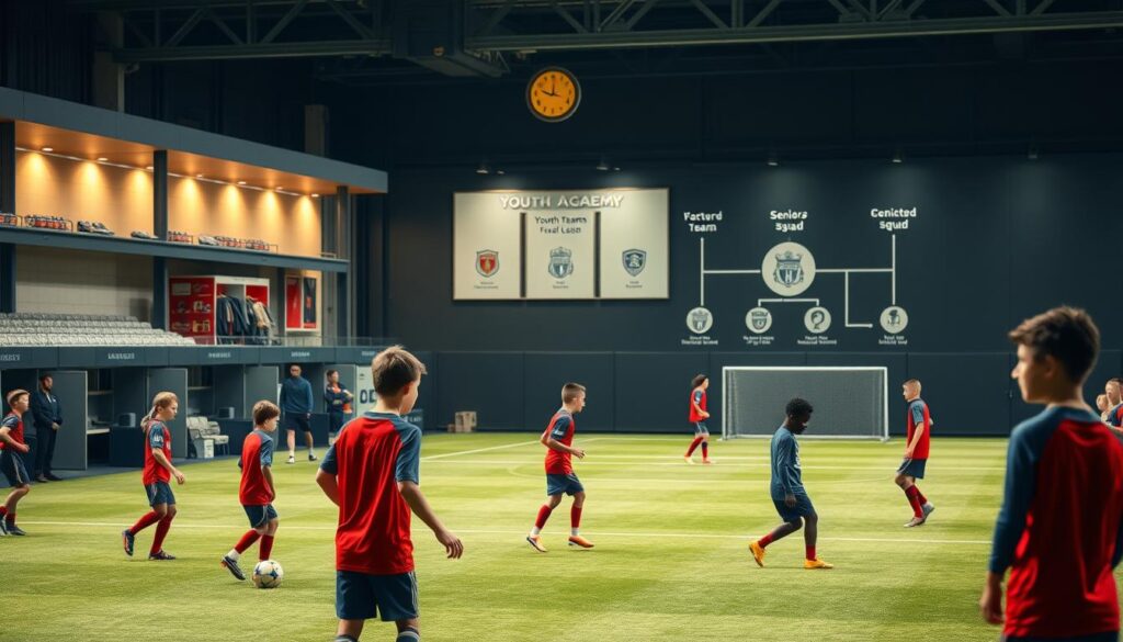 A well-lit, detailed scene depicting the pathway of youth development at a professional football club. In the foreground, young players in training uniforms engage in various drills and exercises, with coaches observing and providing guidance. The middle ground showcases the club's facilities, including a state-of-the-art training pitch, locker rooms, and other support infrastructure. In the background, a visual representation of the club's youth academy system, highlighting the progression from youth teams to the senior squad, emphasizing the structured development pathway. The scene conveys a sense of professionalism, dedication, and the club's commitment to nurturing young talent.