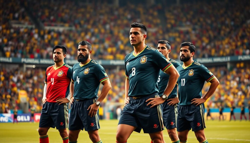 Defenders in Bolivian football, stalwart guardians of their team's honor, stand resolute on the pitch. Their sturdy frames and determined expressions convey the unwavering grit that has forged Bolivian football's legendary team records. Bathed in the warm glow of the stadium lights, their movements are captured in a cinematic wide-angle shot, showcasing the team's cohesive defensive unit. The vibrant sea of spectators in the background, draped in the colors of their beloved clubs, lend an electrifying atmosphere to the scene. This image encapsulates the proud tradition and uncompromising spirit that have made Bolivian football a force to be reckoned with. Defenders in Bolivian football, stalwart guardians of their team's honor, stand resolute on the pitch. Their sturdy frames and determined expressions convey the unwavering grit that has forged Bolivian football's legendary team records. Bathed in the warm glow of the stadium lights, their movements are captured in a cinematic wide-angle shot, showcasing the team's cohesive defensive unit. The vibrant sea of spectators in the background, draped in the colors of their beloved clubs, lend an electrifying atmosphere to the scene. This image encapsulates the proud tradition and uncompromising spirit that have made Bolivian football a force to be reckoned with.