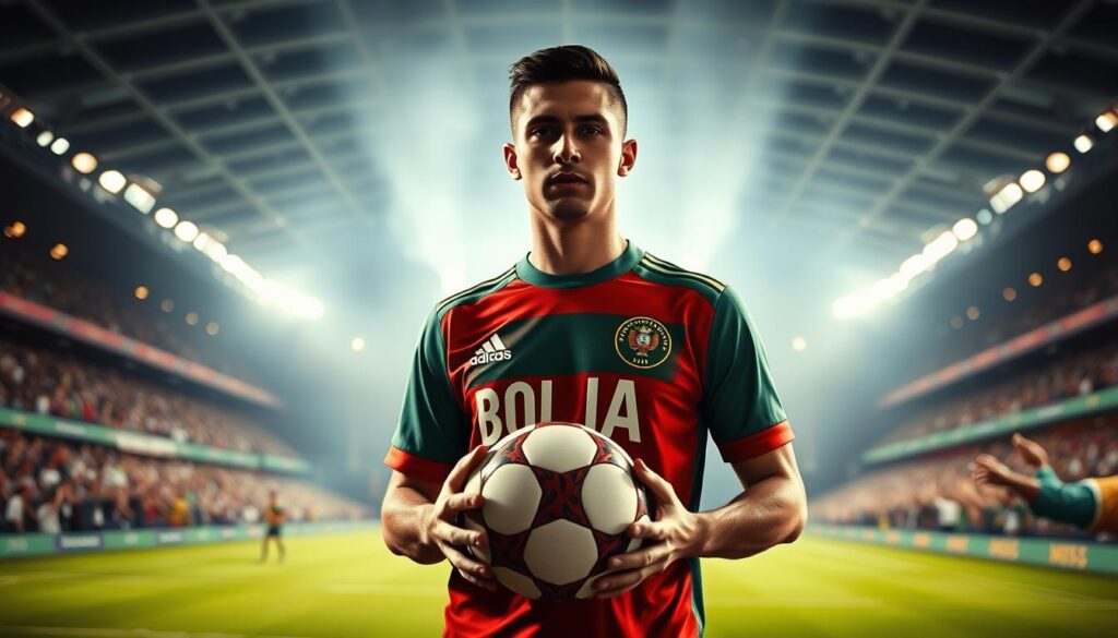a professional football player wearing a Bolivian national team jersey, standing in the foreground with a focused, determined expression, holding a football ball in their hands. Behind them, a dynamic, motion-blurred background depicting a crowded football stadium with cheering fans, bright lights, and a sense of energy and excitement. The lighting is dramatic, with strong shadows and highlights, conveying the intensity and passion of Bolivian football. The camera angle is slightly low, adding a sense of power and authority to the player. The overall mood is one of pride, achievement, and the thrill of the sport. a professional football player wearing a Bolivian national team jersey, standing in the foreground with a focused, determined expression, holding a football ball in their hands. Behind them, a dynamic, motion-blurred background depicting a crowded football stadium with cheering fans, bright lights, and a sense of energy and excitement. The lighting is dramatic, with strong shadows and highlights, conveying the intensity and passion of Bolivian football. The camera angle is slightly low, adding a sense of power and authority to the player. The overall mood is one of pride, achievement, and the thrill of the sport.