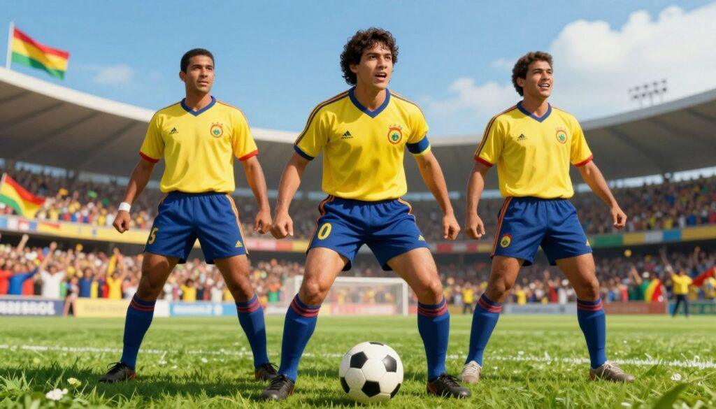 A dynamic composition featuring Bolivia's greatest soccer players from the 1990s, portrayed in a vibrant and competitive atmosphere. In the foreground, three prominently styled athletes, dressed in classic 1990s Bolivia national team jerseys, display powerful stances of celebration and teamwork on the soccer field. The middle layer showcases a blurred crowd of enthusiastic fans waving flags, with vivid green grass below. In the background, a bright blue sky acts as a backdrop to a stadium filled with energy and excitement, capturing the spirit of the game. The lighting is bright and warm, simulating a sunny match day, enhancing the pride and vigor of these soccer heroes. The angle is slightly low, emphasizing the athletes' determination and skill. The mood is one of triumph and nostalgia. A dynamic composition featuring Bolivia's greatest soccer players from the 1990s, portrayed in a vibrant and competitive atmosphere. In the foreground, three prominently styled athletes, dressed in classic 1990s Bolivia national team jerseys, display powerful stances of celebration and teamwork on the soccer field. The middle layer showcases a blurred crowd of enthusiastic fans waving flags, with vivid green grass below. In the background, a bright blue sky acts as a backdrop to a stadium filled with energy and excitement, capturing the spirit of the game. The lighting is bright and warm, simulating a sunny match day, enhancing the pride and vigor of these soccer heroes. The angle is slightly low, emphasizing the athletes' determination and skill. The mood is one of triumph and nostalgia.