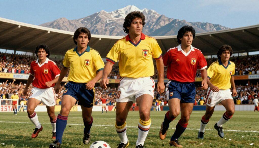 A dynamic composition featuring several notable Bolivian soccer players from the 1980s, showcasing their distinct styles and personalities. In the foreground, a diverse group of male players, exuding charisma and confidence, dressed in vintage soccer jerseys with traditional Bolivian colors. Each player is mid-action, depicting intense focus and athleticism. In the middle ground, the iconic backdrop of a stadium filled with cheering fans, creating an electrifying atmosphere, enhanced by warm, golden lighting that captures the essence of a lively match day. The background features the Andes mountains under a clear blue sky, symbolizing Bolivian heritage. The angle highlights the players from a low perspective, emphasizing their stature and passion for the sport, evoking nostalgia and pride in Bolivian soccer history. A dynamic composition featuring several notable Bolivian soccer players from the 1980s, showcasing their distinct styles and personalities. In the foreground, a diverse group of male players, exuding charisma and confidence, dressed in vintage soccer jerseys with traditional Bolivian colors. Each player is mid-action, depicting intense focus and athleticism. In the middle ground, the iconic backdrop of a stadium filled with cheering fans, creating an electrifying atmosphere, enhanced by warm, golden lighting that captures the essence of a lively match day. The background features the Andes mountains under a clear blue sky, symbolizing Bolivian heritage. The angle highlights the players from a low perspective, emphasizing their stature and passion for the sport, evoking nostalgia and pride in Bolivian soccer history.